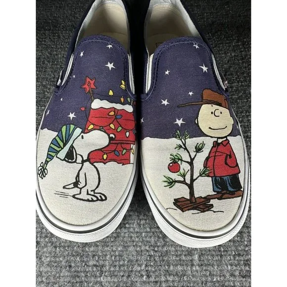 Vans Slip On Peanuts Christmas Tree Charlie Brown Snoopy Men's 8.0 Women's 9.5 - Picture 6 of 12